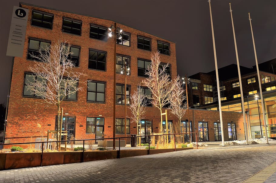 Buildings, architecture, downtown, night, street, sweden, trees HD wallpaper