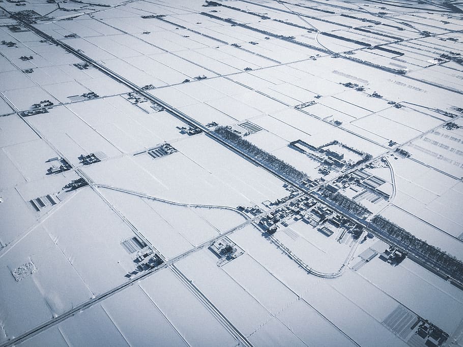 aerial photography of city with snow, grey, airport, transportation, HD wallpaper