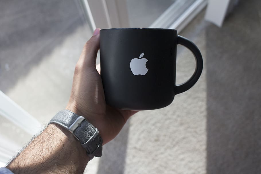 apple, mug, cup, hand, watch, gray, people, human hand, one person HD wallpaper