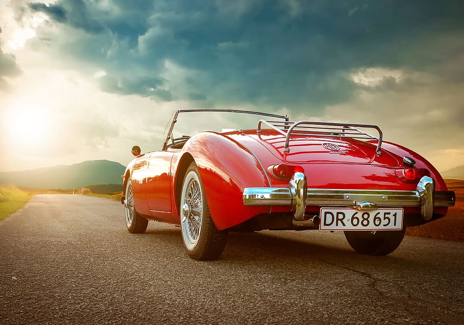 asphalt, auto, automobile, back, view, car, classic, clouds HD wallpaper