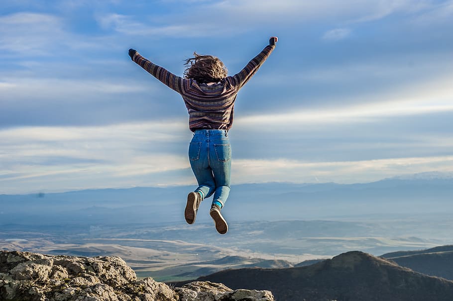 Woman Jumping , adventure, daylight, fun, landscape, mountains HD wallpaper