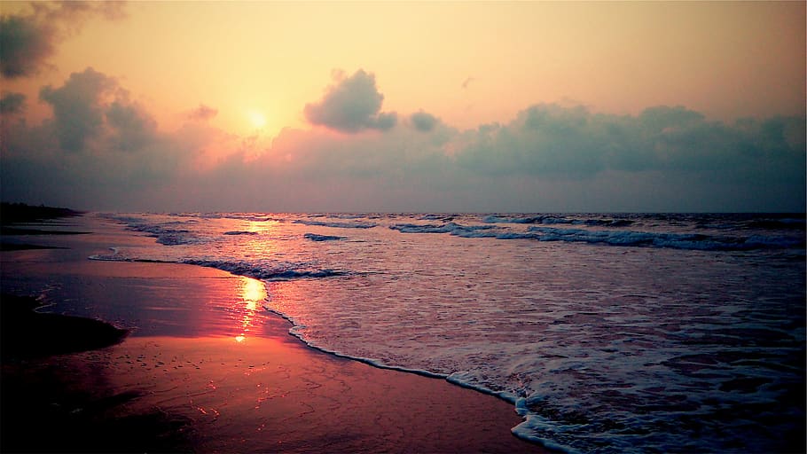 sunrise, beach, dawn, waves, sand, ocean, sea, water, sky, sunset HD wallpaper