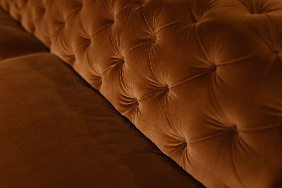 Orange velvet couch, sofa, furniture, home, modern, luxury, cushions, HD wallpaper