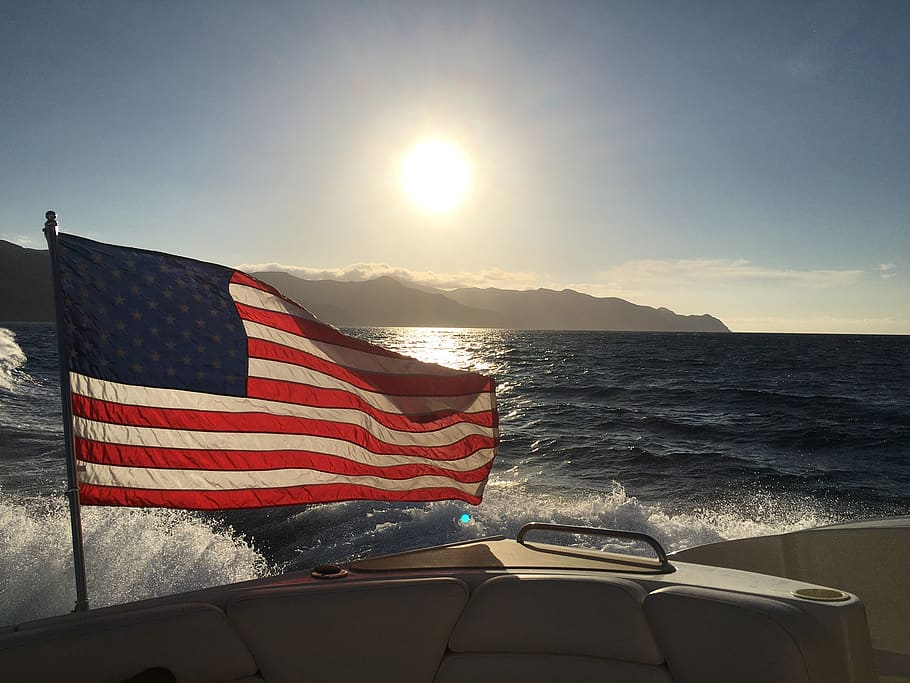 patriotic, usa, sea, island, boat, ocean, water, flag, america, HD wallpaper