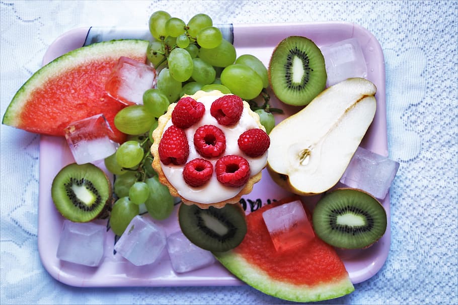 fruit, bio, kiwi, watermelon, raspberries, ice cubes, chilled HD wallpaper