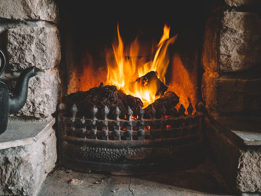 lighted fireplace, burning, fire - natural phenomenon, flame HD wallpaper