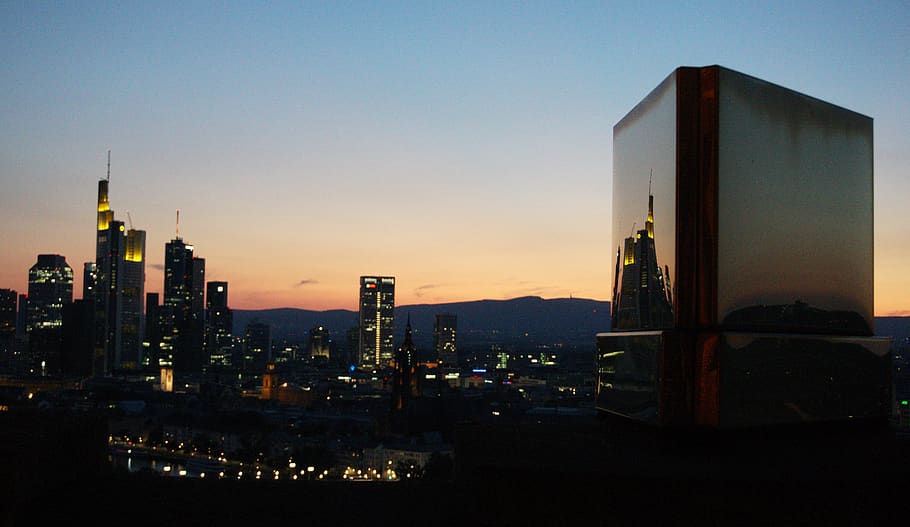 frankfurt, germany, reflection, skyscraper, night, city, lights HD wallpaper