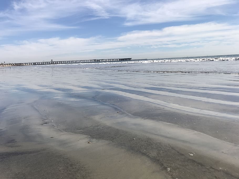 ocean, beach, socal, sand, surf, pier, boardwalk, blue, sky HD wallpaper
