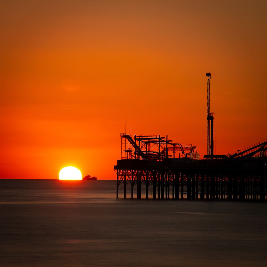 sunset, silhouette, pier, brighton, exposure, sea, ocean, coast