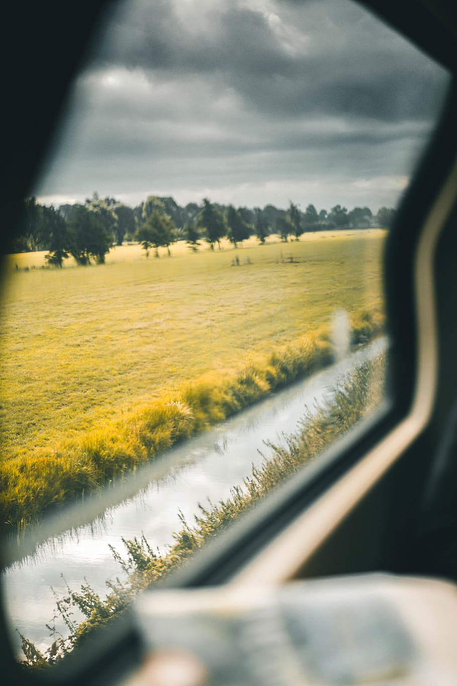 grass, trees, train, water, sky, transportation, vehicle interior HD wallpaper