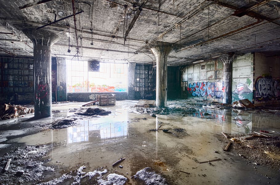 wrecked building, indoors, room, carnival of rust, detroit, mi, HD wallpaper