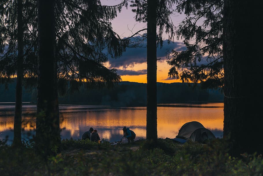 camping, lakeside, sunset, evening, idyllic, nature, reflection, HD wallpaper