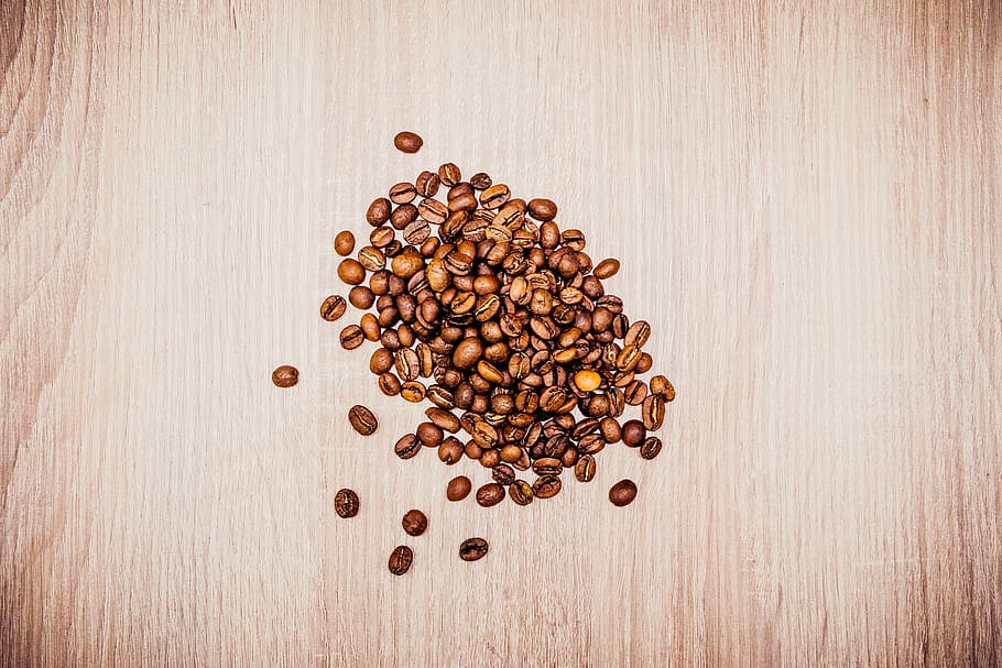 coffee, bean, seed, cafe, wood, table, brown, food and drink HD wallpaper