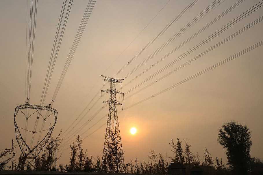 sunshine, dusky, high voltage, sunset, color, warm, trees, electricity pylon HD wallpaper