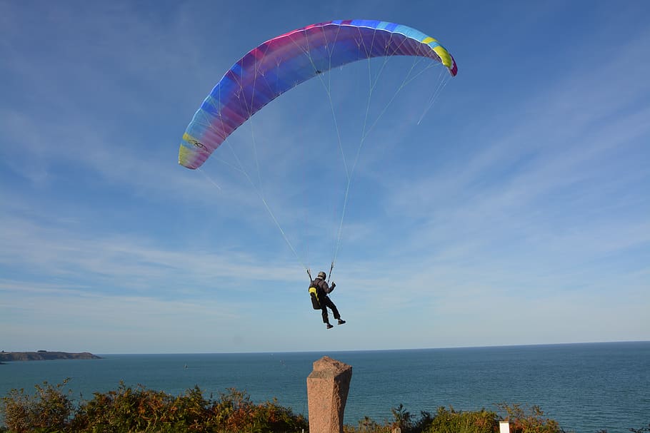 paragliding, paraglider, take off, wind, air, flight, site côte d'armor, HD wallpaper