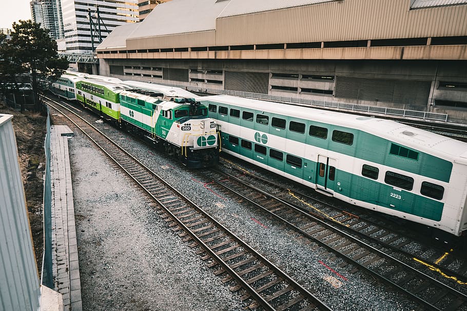green and white train on rails, transportation, train track, railway, HD wallpaper