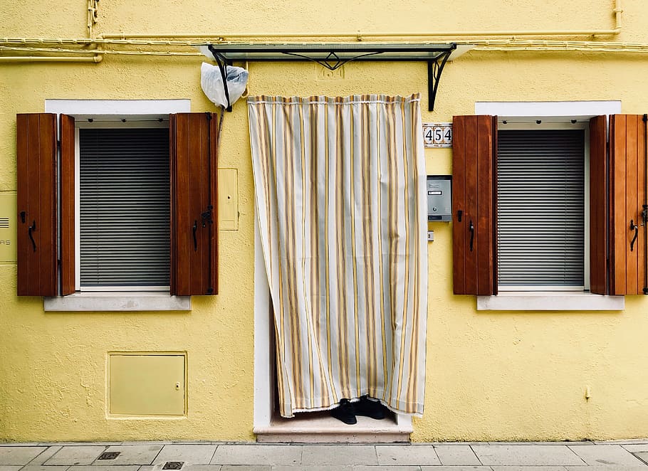 White and Brown Curtain on Yellow Wall, colors, facade, windows HD wallpaper