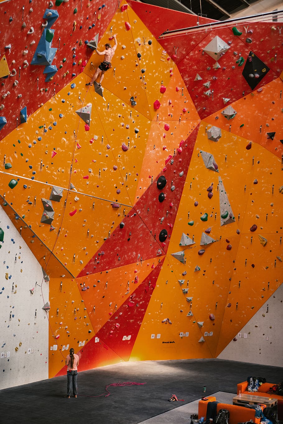 orange and red wall climbing, orange color, real people, lifestyles HD wallpaper