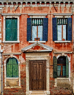 orange painted building facade, plaster, door, window, house HD wallpaper