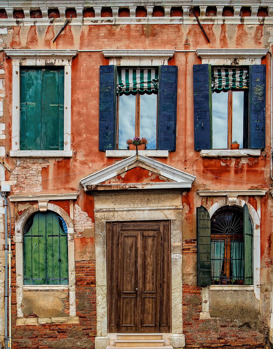 orange painted building facade, plaster, door, window, house HD wallpaper