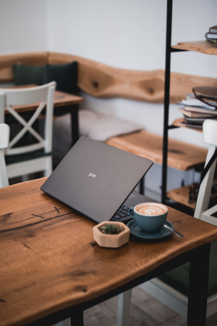 black laptop computer beside coffee cup, plant, pot, tech, technology, HD wallpaper