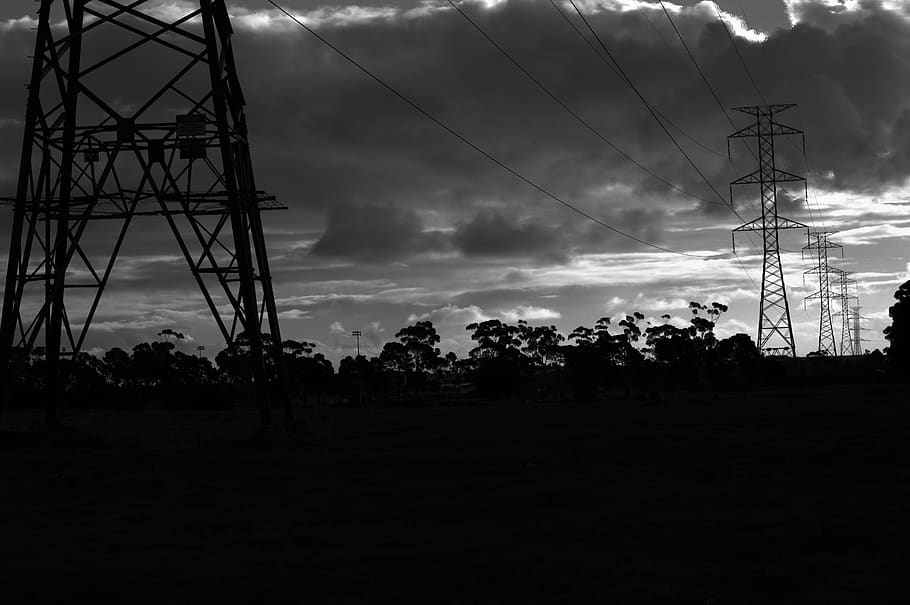 sunset, power lines, black and white, sky, technology, electricity pylon HD wallpaper