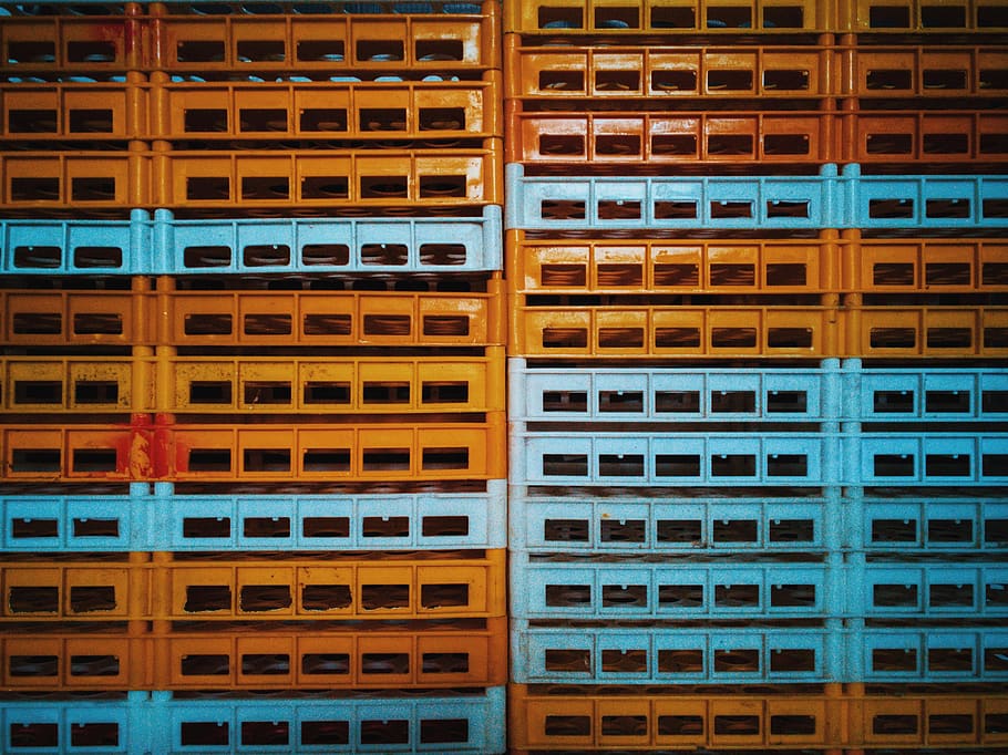 yellow and blue crates, vehicle, bus, transportation, tour bus