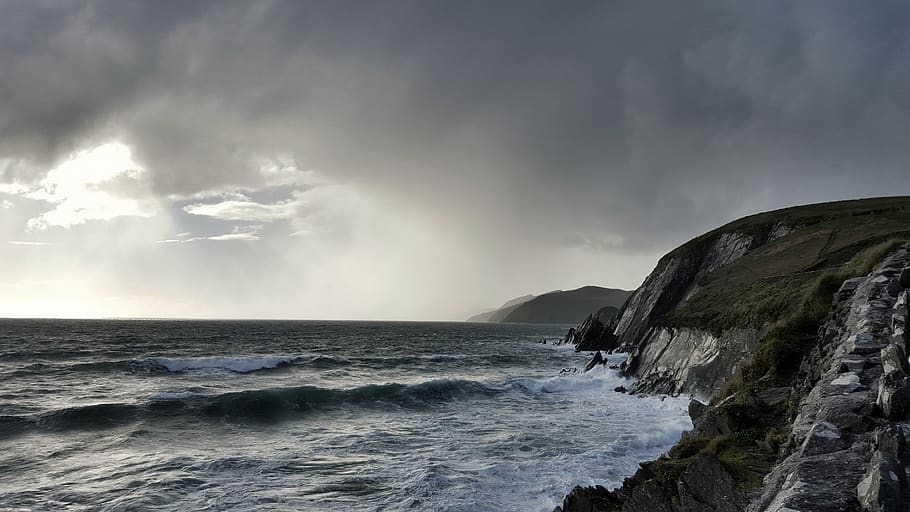 ireland, coumeenoole north, mist, kerry, waves, mysterious, HD wallpaper