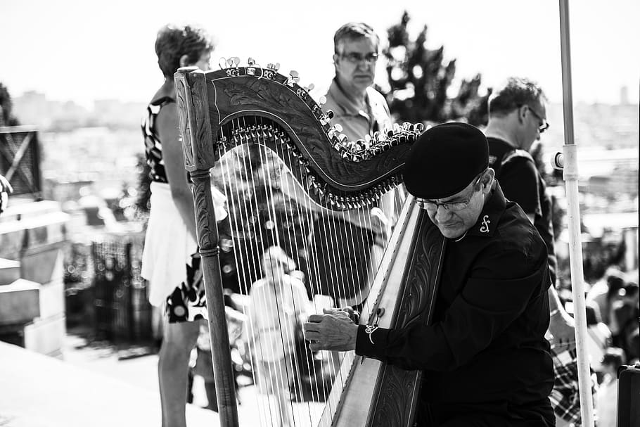 Metal Harp, black-and-white, instrument, male, man, music, musical instrument, HD wallpaper