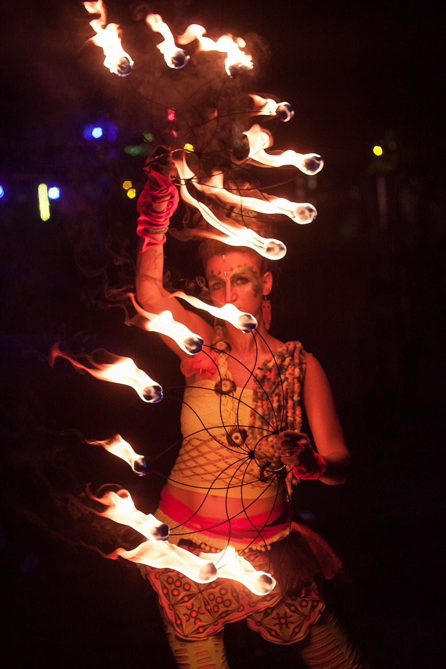 fire, girl, performance, party, night, illuminated, one person HD wallpaper