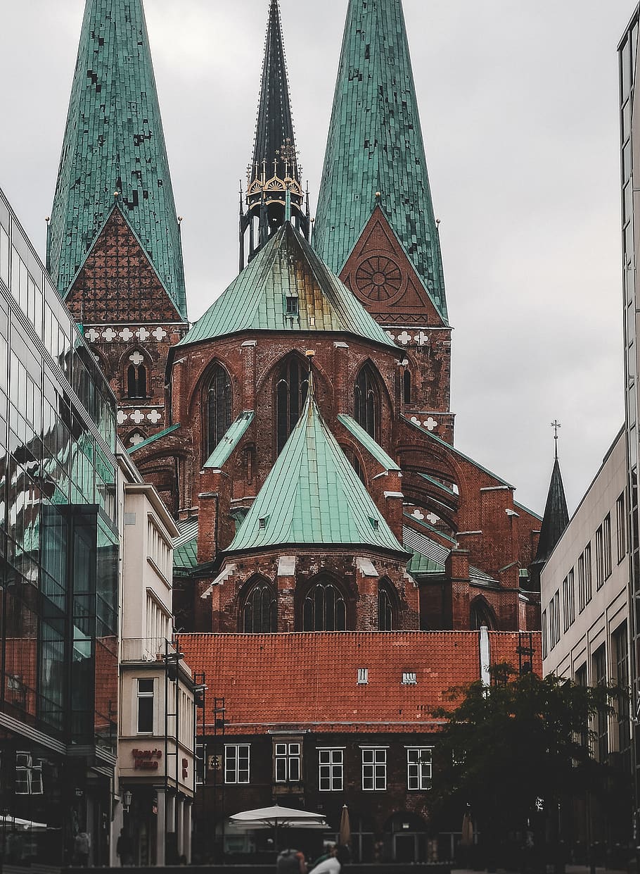 orange and teal building under white clouds, architecture, spire HD wallpaper