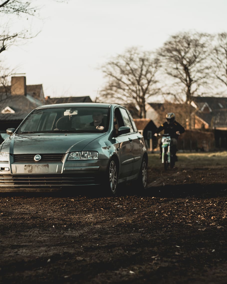 gray sedan behind gray motorcycle, transportation, vehicle, automobile HD wallpaper