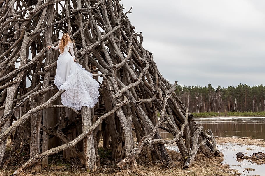 pose, model, bride, white, wood, woods, landscape, high, height HD wallpaper