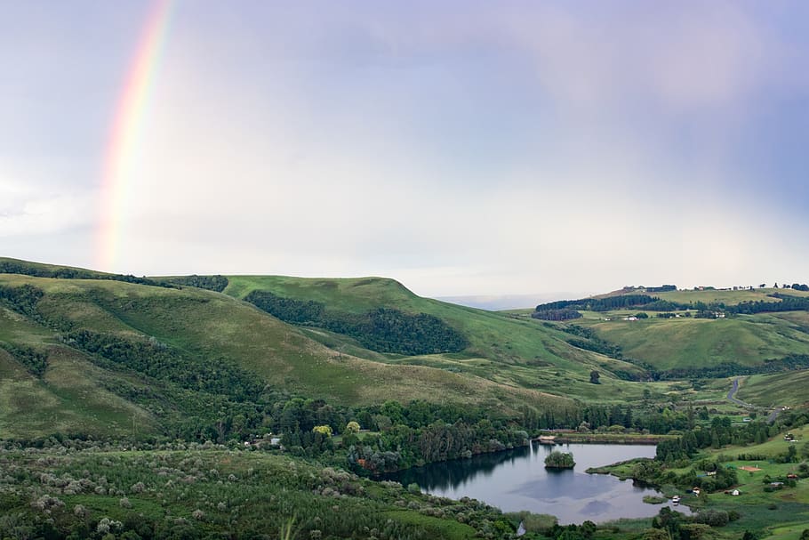 Rainbow Under Hills, environment, grassland, landscape, mountain HD wallpaper