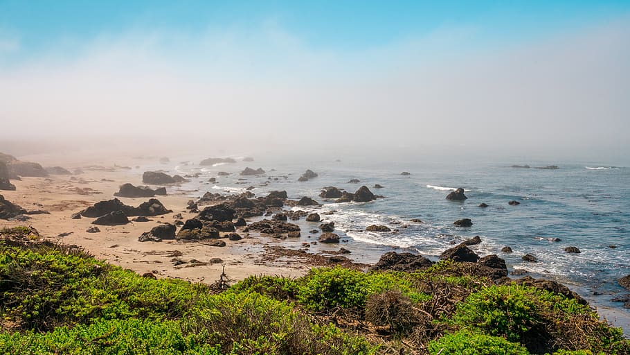 fog, ocean, rocks, beach, sand, waves, blue, sky, clouds, sea HD wallpaper