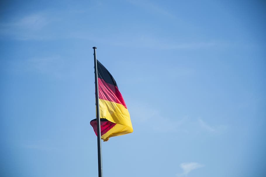 germany, berlin, flag, patriotism, sky, low angle view, yellow HD wallpaper