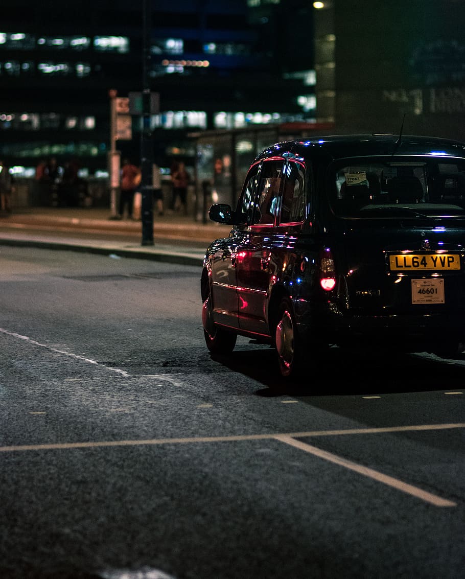 black vehicle on gray concrete road during nighttime, cab, taxi, HD wallpaper
