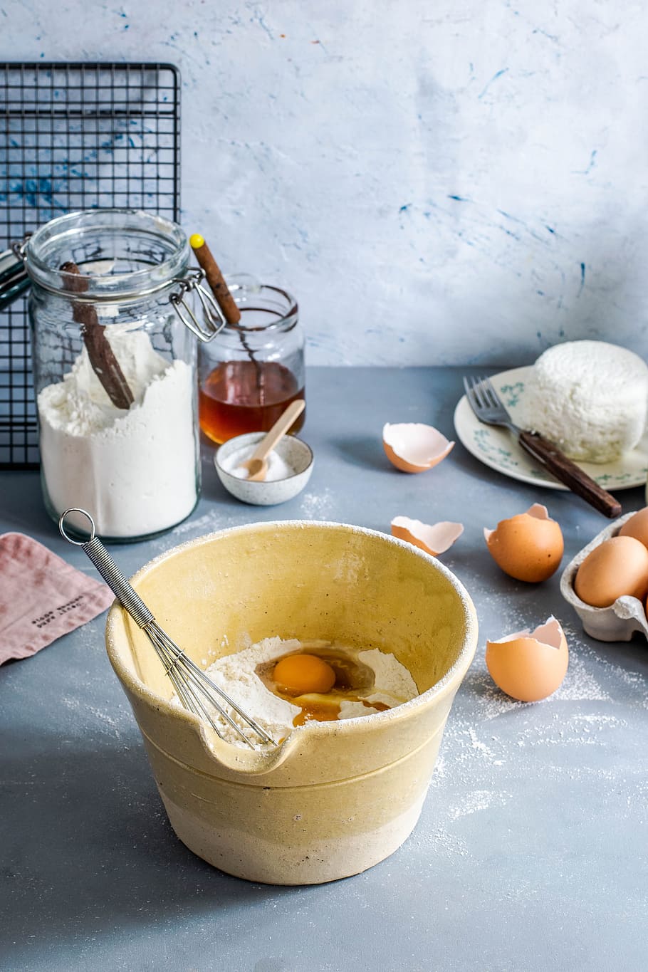 brown mixing bowl with eggs and flour with whisk, recipe, baking, HD wallpaper