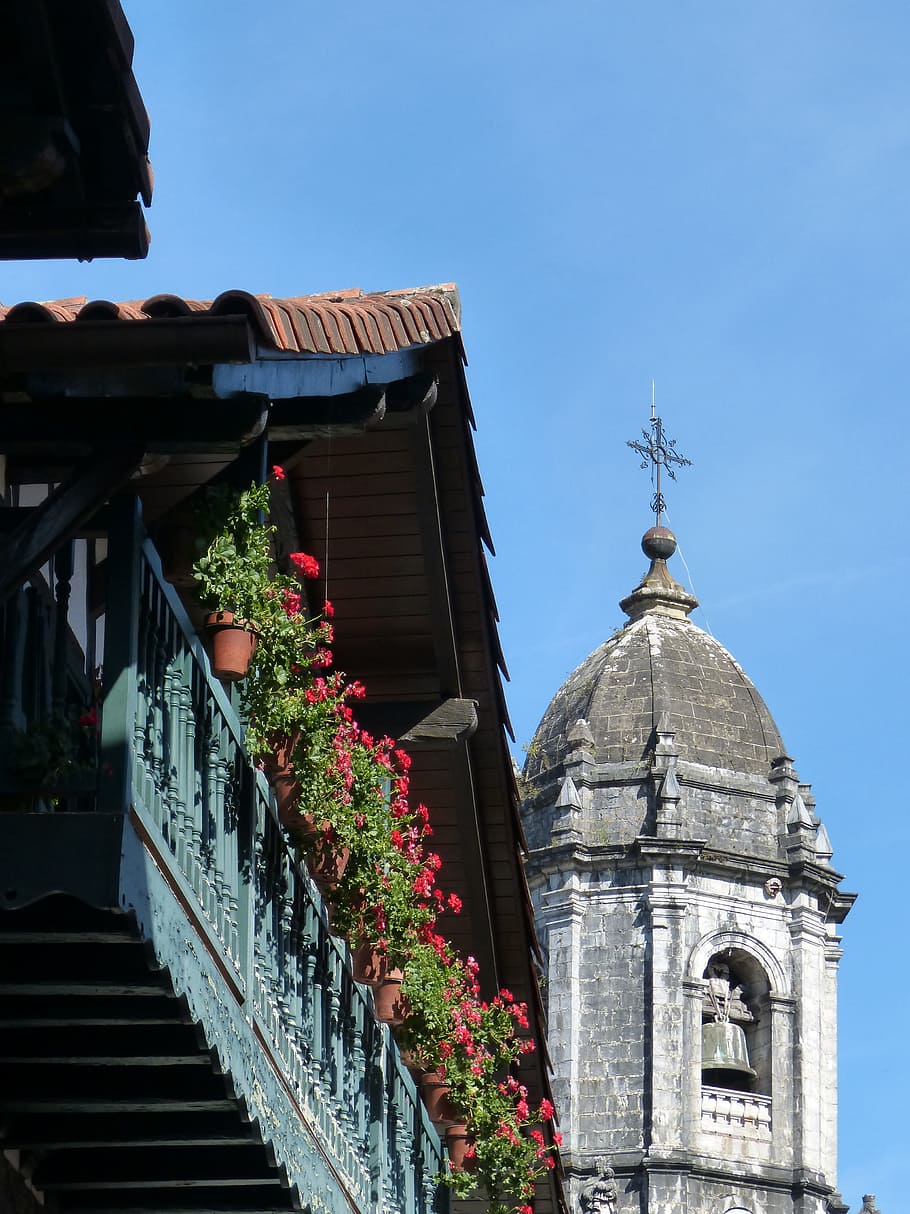 lesaka, bell tower, navarre, geranium, balcony, people, architecture HD wallpaper
