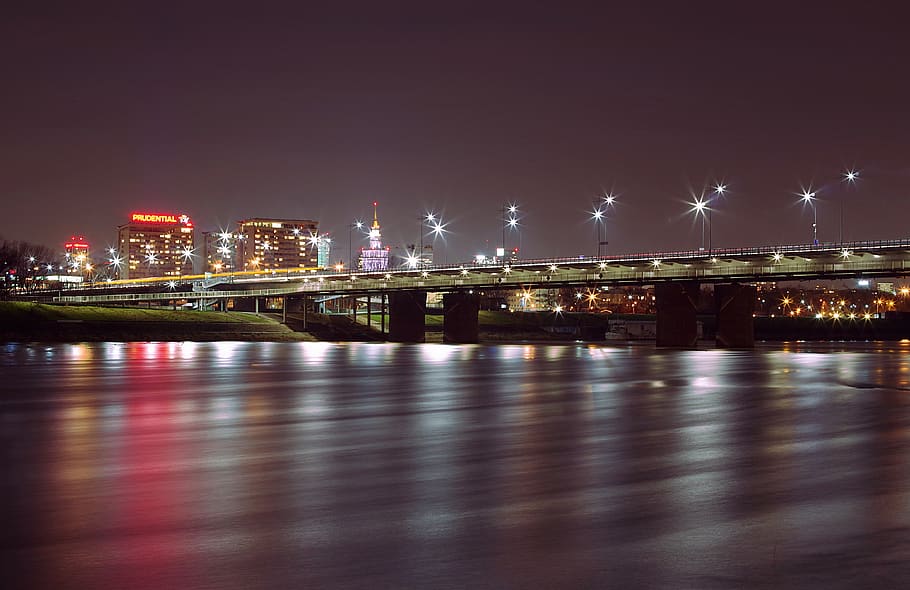 bridge, river, city, night, warsaw, wisla, the wave is reflected HD wallpaper