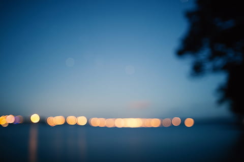 bokeh, lights, night, blue, water, out of focus, blur, blurred HD wallpaper