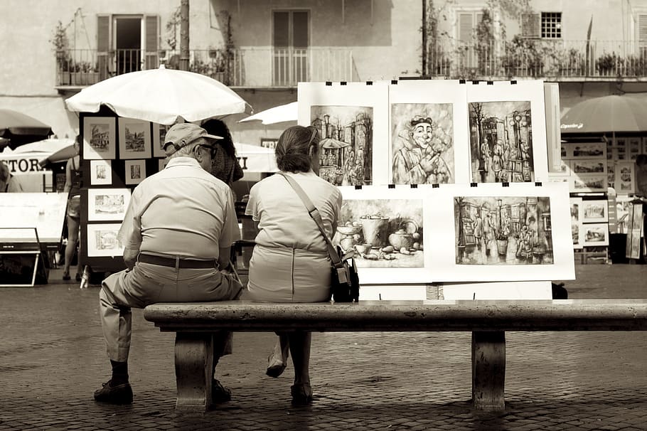 italy, roma, piazza navona, city, bench, old, couple, love, HD wallpaper