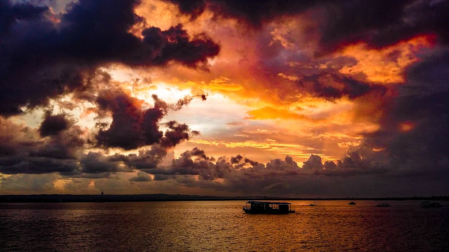 sea, boat, ocean, sunset, sky, landscape, ship, evening, sunrise HD wallpaper