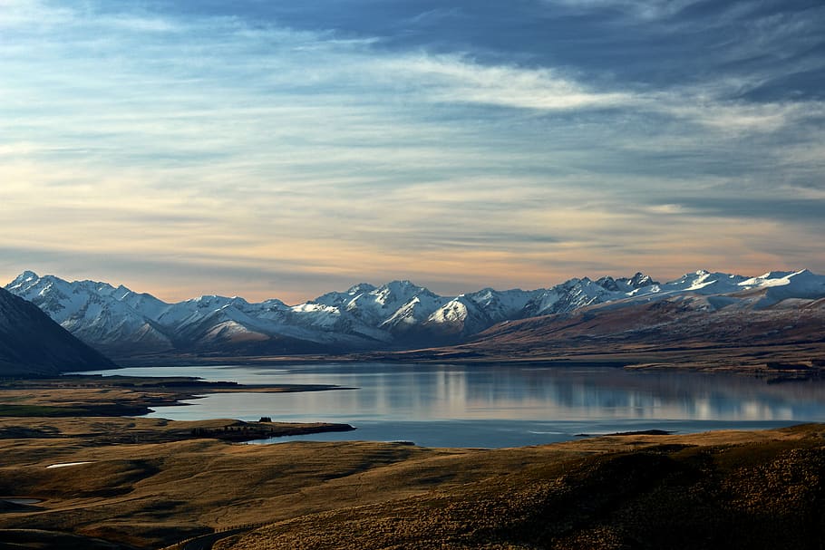 mountain, valley, landscape, lake, water, nature, sky, clouds HD wallpaper