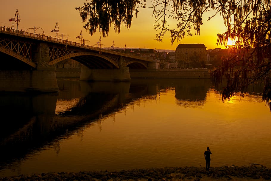 budapest, lake, danube, sunset, man, travel, boy, orange, shadow HD wallpaper