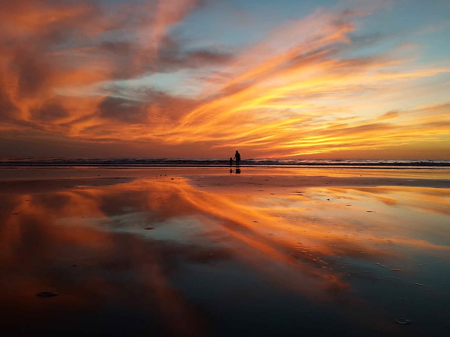 Silhouette Of People At The Beach, backlit, dawn, nature, ocean HD wallpaper