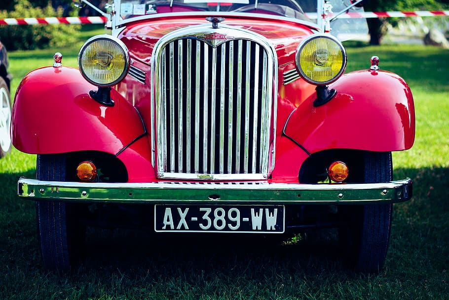 Classic Red Car on Green Grass, auto, automobile, bumper, chrome HD wallpaper