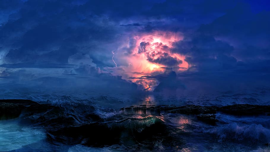 storm, waves, clouds, sea, seascape, water, ocean, nature, horizon HD wallpaper