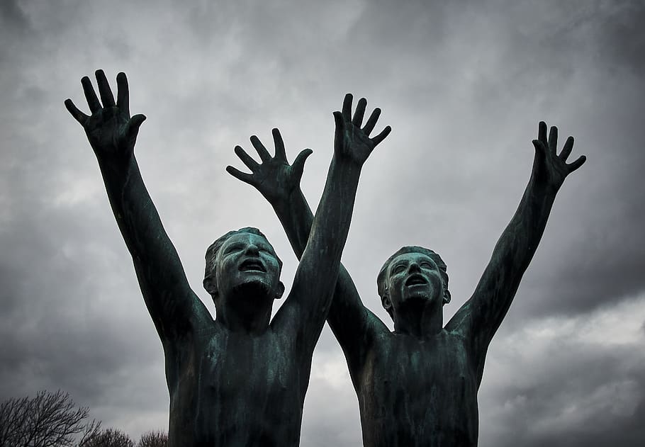 two man raising their hands, cloud - sky, low angle view, sculpture HD wallpaper