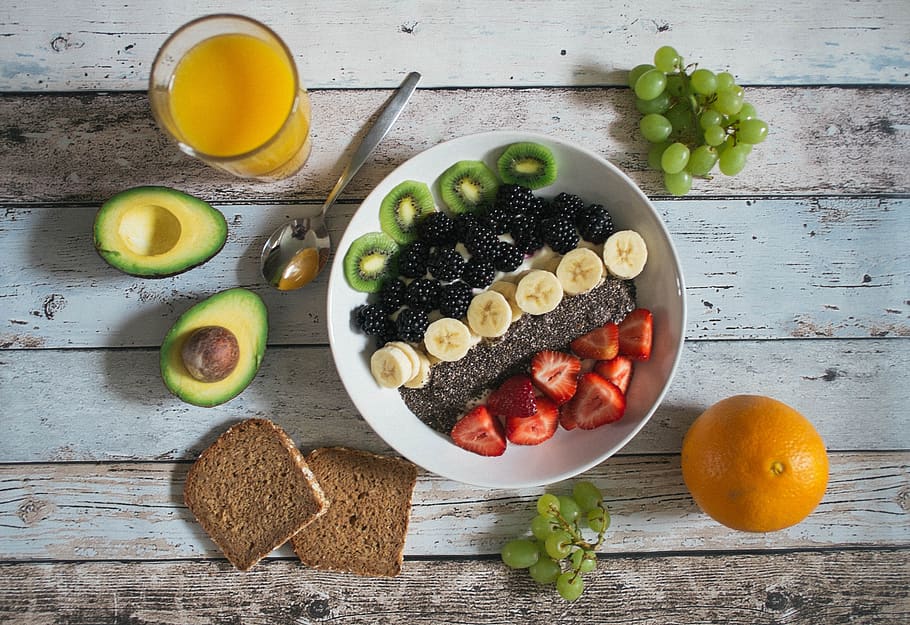 avocado, breakfast, bread, food, fruits, orange, rustic, wooden table HD wallpaper